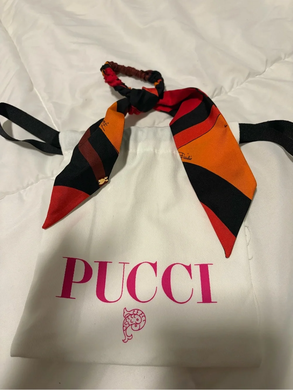 Emilio Pucci Red & Orange Geometric Sheer Long Sleeve Top and Pucci hair tie